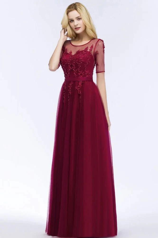 A-line Floor Length Appliques Tulle Bridesmaid Dress Half Sleeve Evening Dress by misshow.com