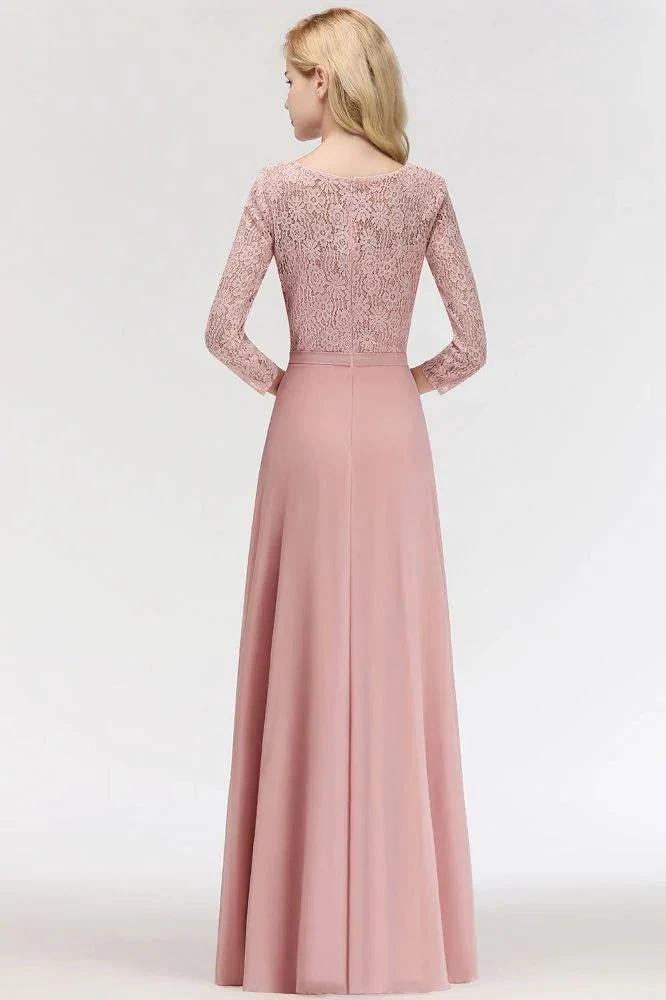 A-line Floor Length Lace Chiffon Bridesmaid Dresses with Sleeves by misshow.com