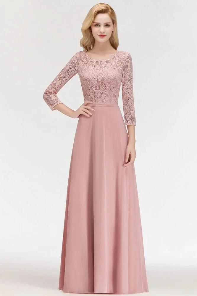 A-line Floor Length Lace Chiffon Bridesmaid Dresses with Sleeves by misshow.com
