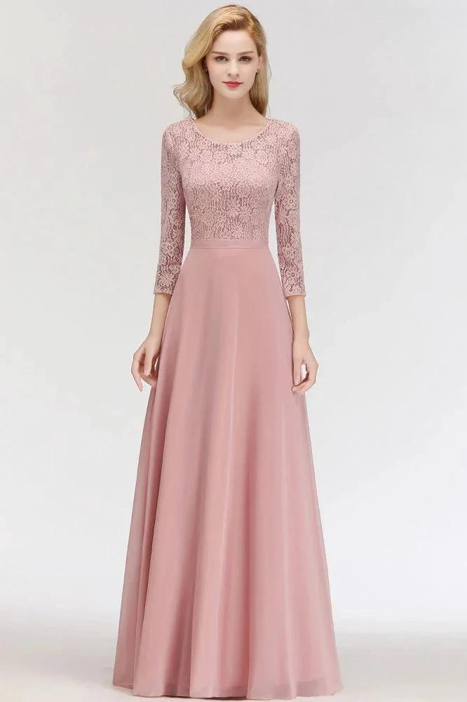 A-line Floor Length Lace Chiffon Bridesmaid Dresses with Sleeves by misshow.com