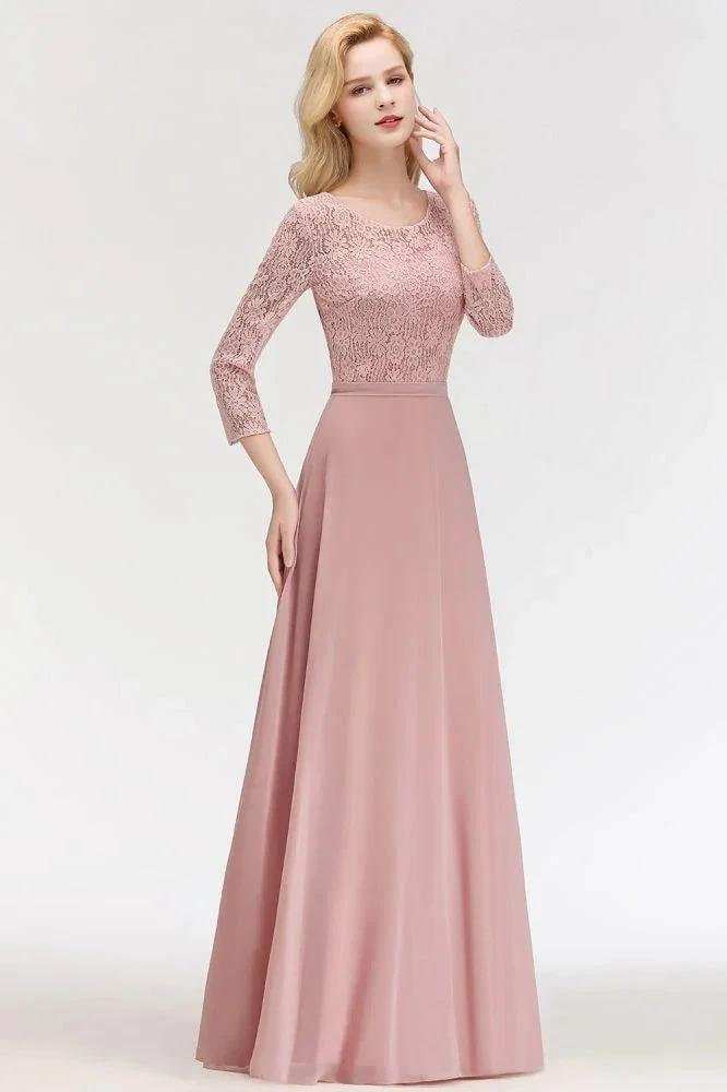 A-line Floor Length Lace Chiffon Bridesmaid Dresses with Sleeves by misshow.com