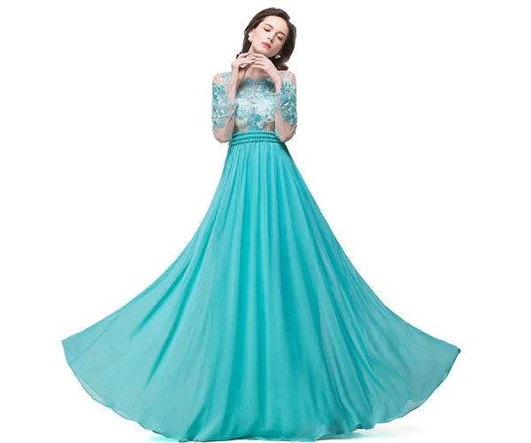 A-line Floor-length Long-Sleeve Crew Sash Formal Dresses by misshow.com