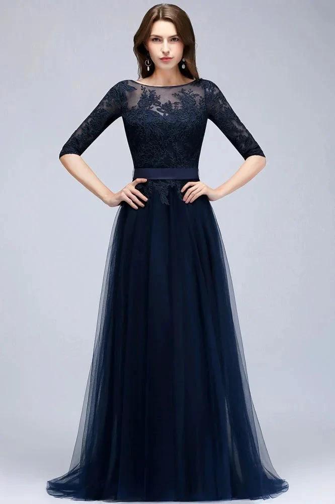 A-line Half Sleeves Floor Length Slit Appliqued Tulle Prom Dresses with Sash by misshow.com