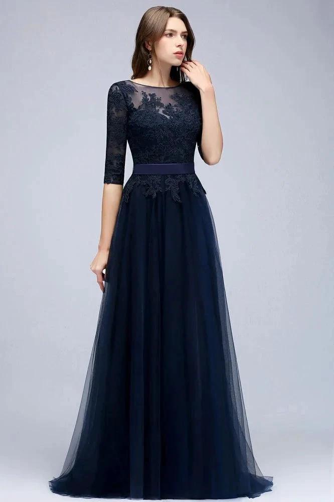 A-line Half Sleeves Floor Length Slit Appliqued Tulle Prom Dresses with Sash by misshow.com
