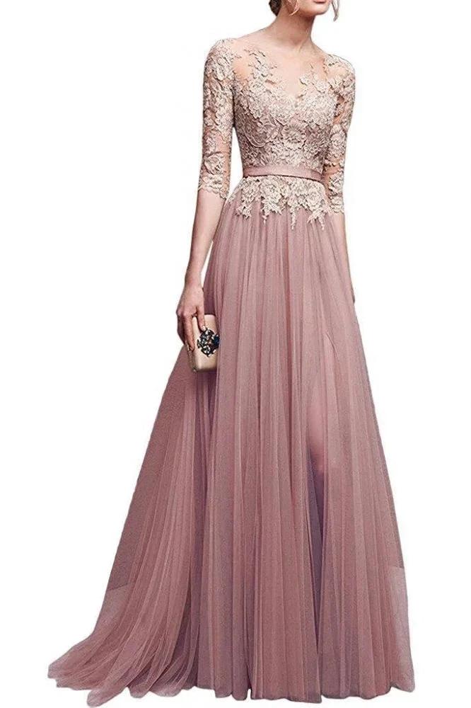 A-line Half Sleeves Floor Length Slit Appliqued Tulle Prom Dresses with Sash by misshow.com