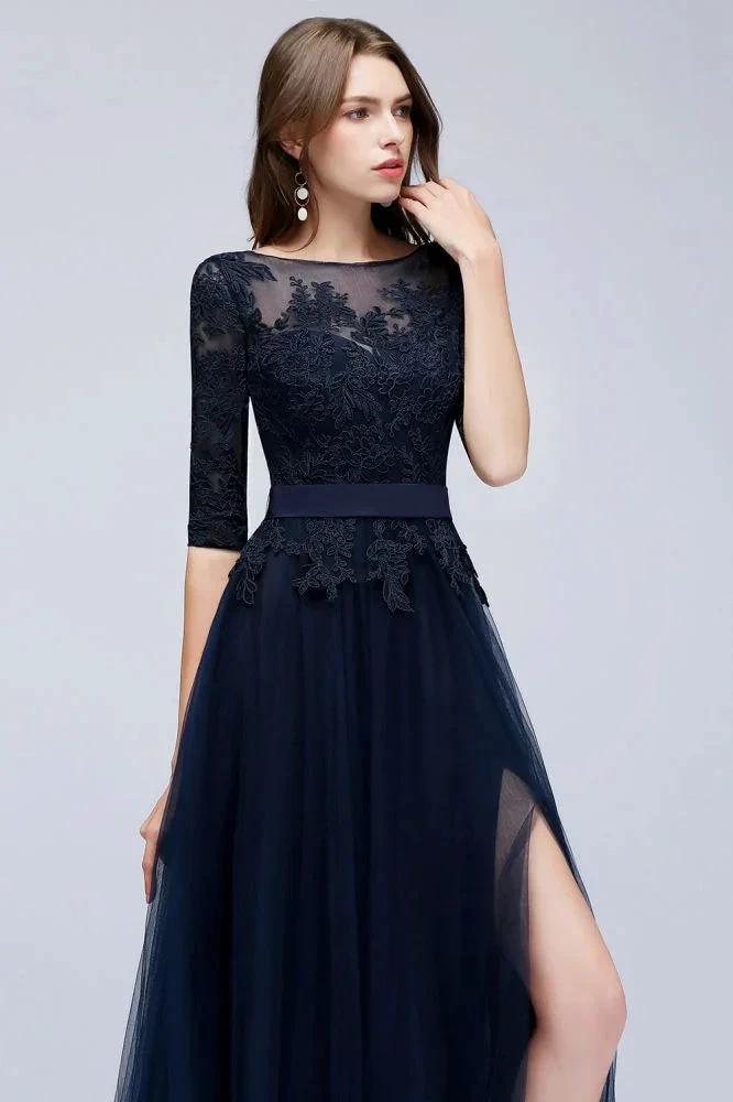 A-line Half Sleeves Floor Length Slit Appliqued Tulle Prom Dresses with Sash by misshow.com