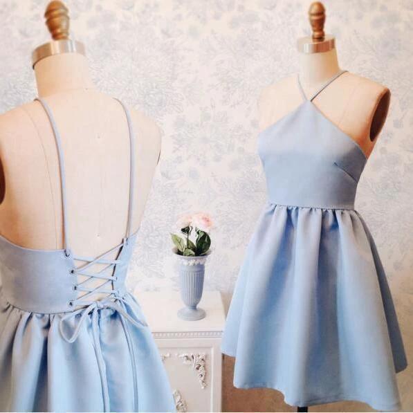 A-Line Halter Above-Knee Lace-Up Blue Stretch Satin Homecoming Dress PD403 by pgmdress