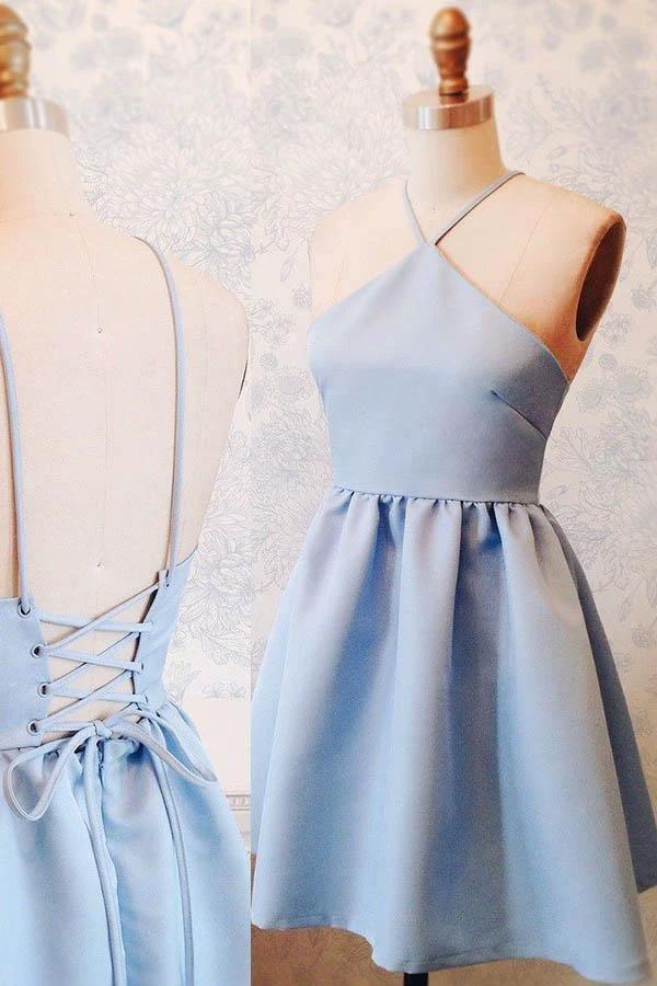 A-Line Halter Above-Knee Lace-Up Blue Stretch Satin Homecoming Dress PD403 by pgmdress