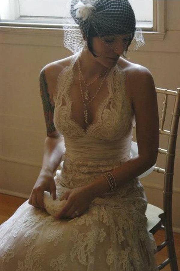 A-line Halter Neck Backless Bow Lace Wedding Dress with Court Train WD405 by pgmdress