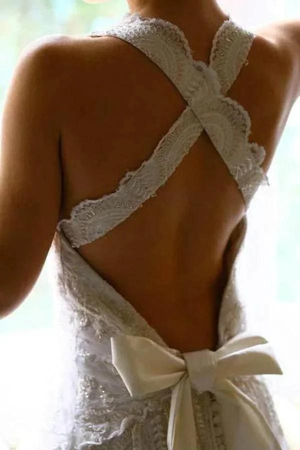 A-line Halter Neck Backless Bow Lace Wedding Dress with Court Train WD405 by pgmdress