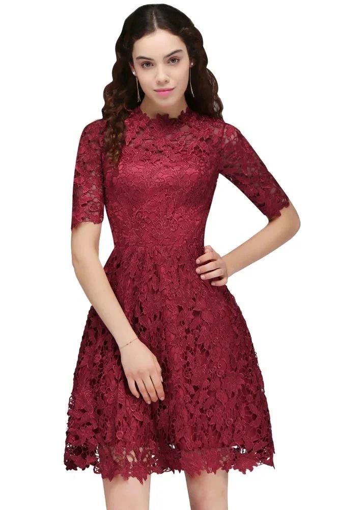 A-Line Halter Short Lace Burgundy Homecoming Dresses by misshow.com