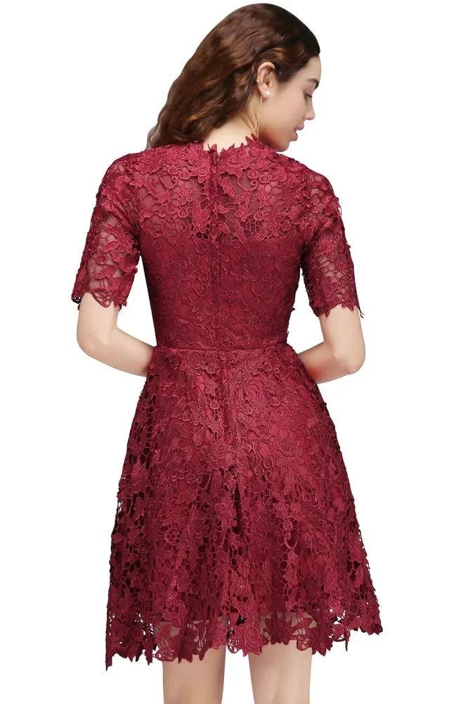 A-Line Halter Short Lace Burgundy Homecoming Dresses by misshow.com