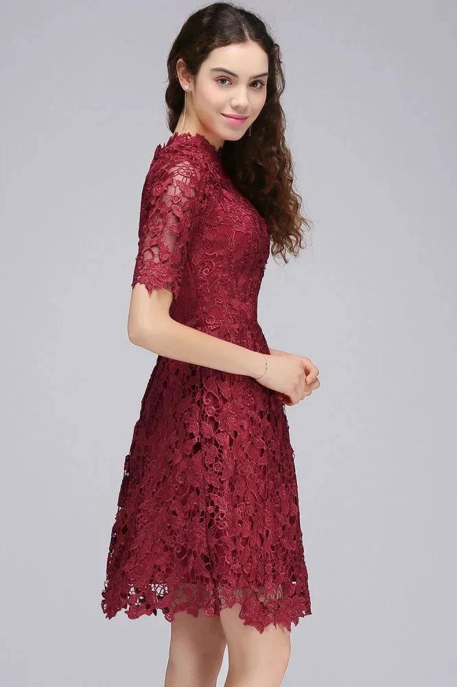 A-Line Halter Short Lace Burgundy Homecoming Dresses by misshow.com