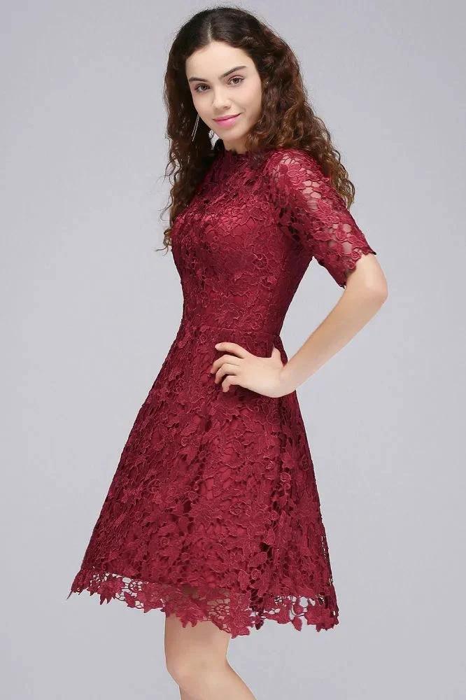 A-Line Halter Short Lace Burgundy Homecoming Dresses by misshow.com
