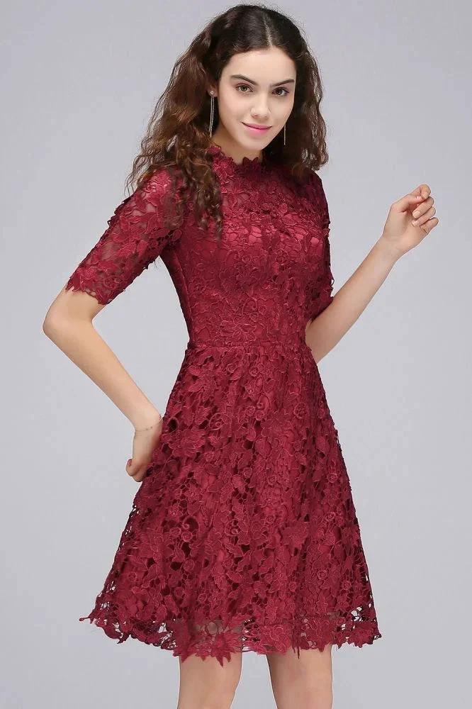 A-Line Halter Short Lace Burgundy Homecoming Dresses by misshow.com