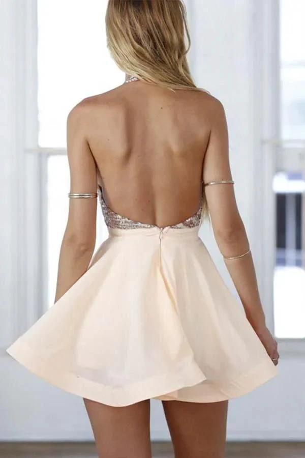A-Line Halter Short Pink Chiffon Homecoming/Cocktail Dress with Sequins PD064 by pgmdress