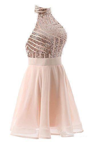 A-Line Halter Short Pink Chiffon Homecoming/Cocktail Dress with Sequins PD064 by pgmdress