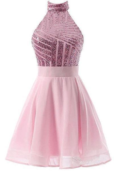 A-Line Halter Short Pink Chiffon Homecoming/Cocktail Dress with Sequins PD064 by pgmdress