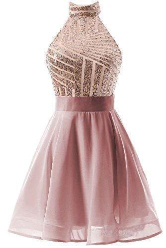 A-Line Halter Short Pink Chiffon Homecoming/Cocktail Dress with Sequins PD064 by pgmdress