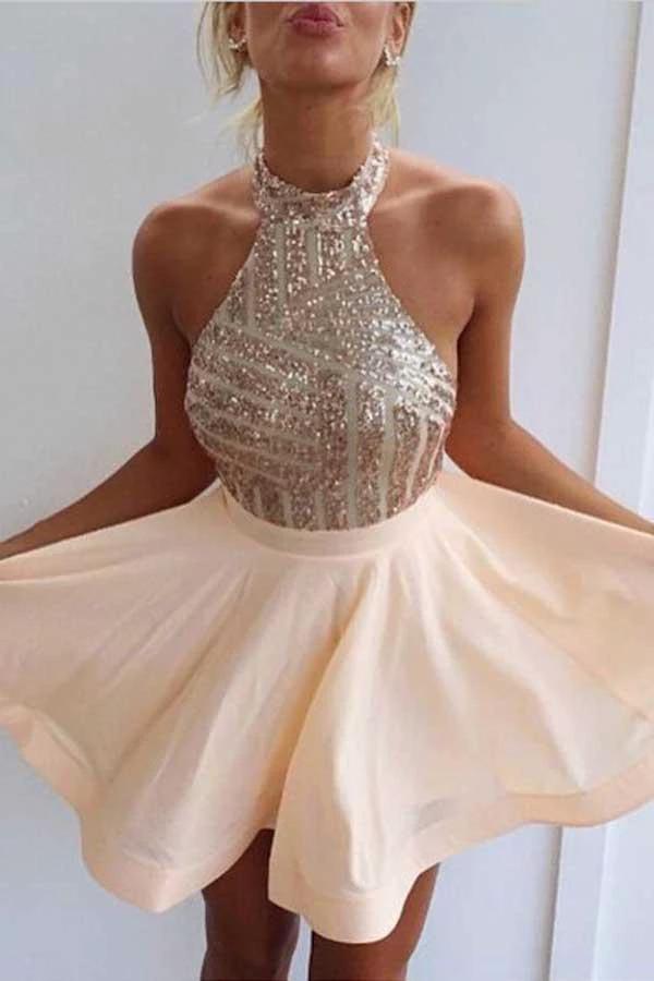 A-Line Halter Short Pink Chiffon Homecoming/Cocktail Dress with Sequins PD064 by pgmdress