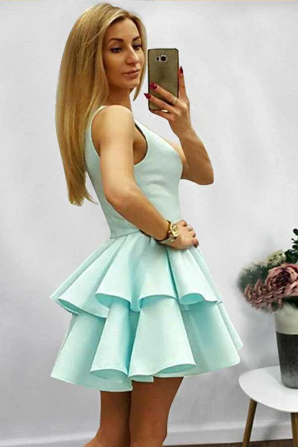A-Line Halter Short Sleeveless Mint Satin Homecoming Dress with Ruffles PD085 by pgmdress