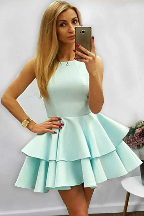 A-Line Halter Short Sleeveless Mint Satin Homecoming Dress with Ruffles PD085 by pgmdress