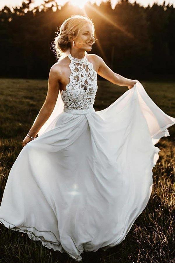 A-Line Halter Sleeveless Chiffon Long Beach Wedding Dress with Lace WD304 by pgmdress
