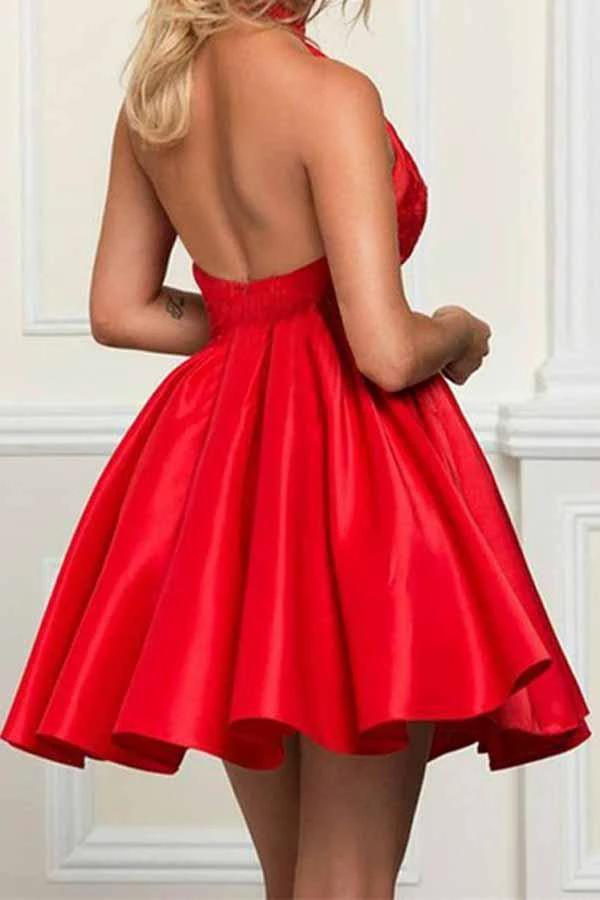 A-line Halter Sleeveless Short Red Satin Homecoming Dress with Lace PD050 by pgmdress