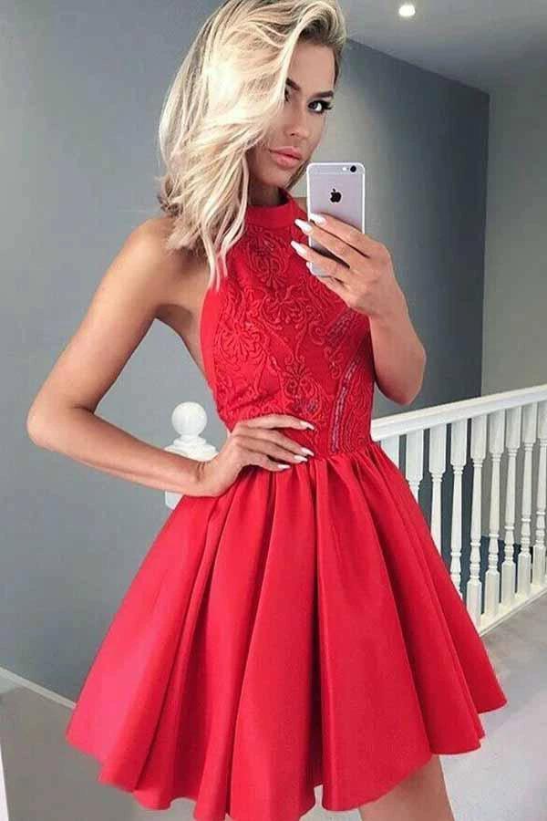 A-line Halter Sleeveless Short Red Satin Homecoming Dress with Lace PD050 by pgmdress