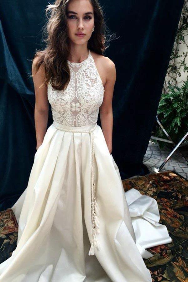 A-Line Halter Sweep Train Ivory Satin Wedding Dress with Lace WD398 by pgmdress