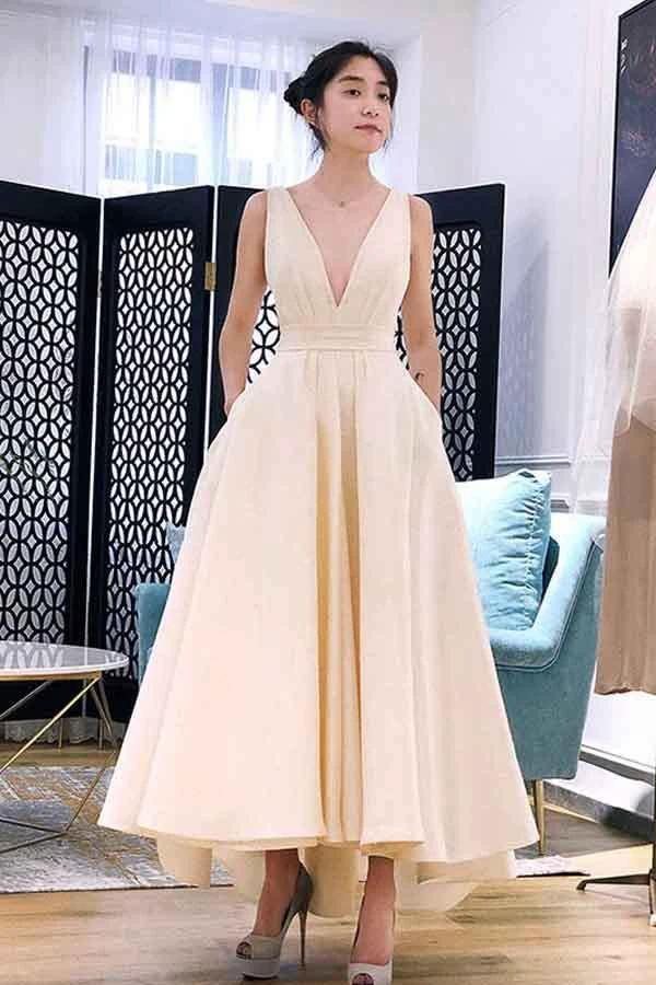 A-line High Low V Neck Short Prom Dress Homecoming Dress PG667 by pgmdress