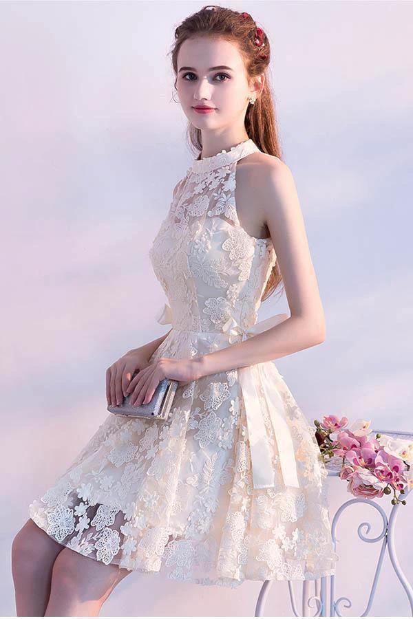 A-line High Neck Lace Sleeveless Party Dresses Homecoming Dresses PD118 by pgmdress