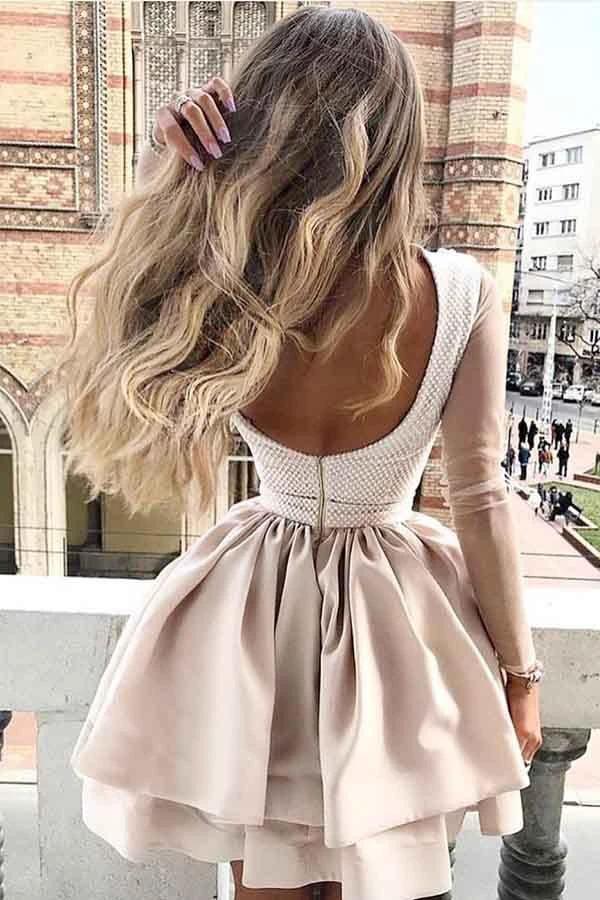 A-Line High Neck Long sleeves Homecoming Dress with Appliques Sleeves PD117 by pgmdress