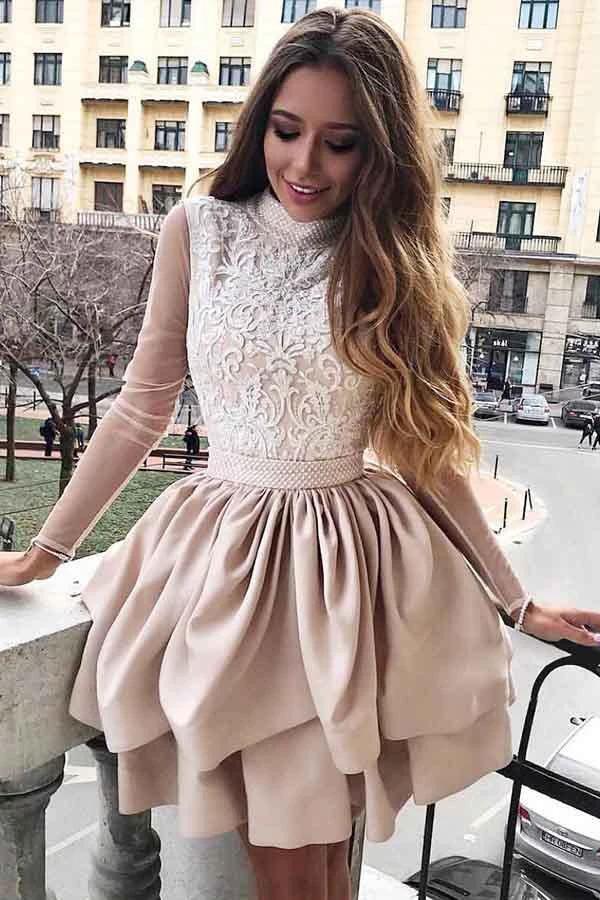 A-Line High Neck Long sleeves Homecoming Dress with Appliques Sleeves PD117 by pgmdress