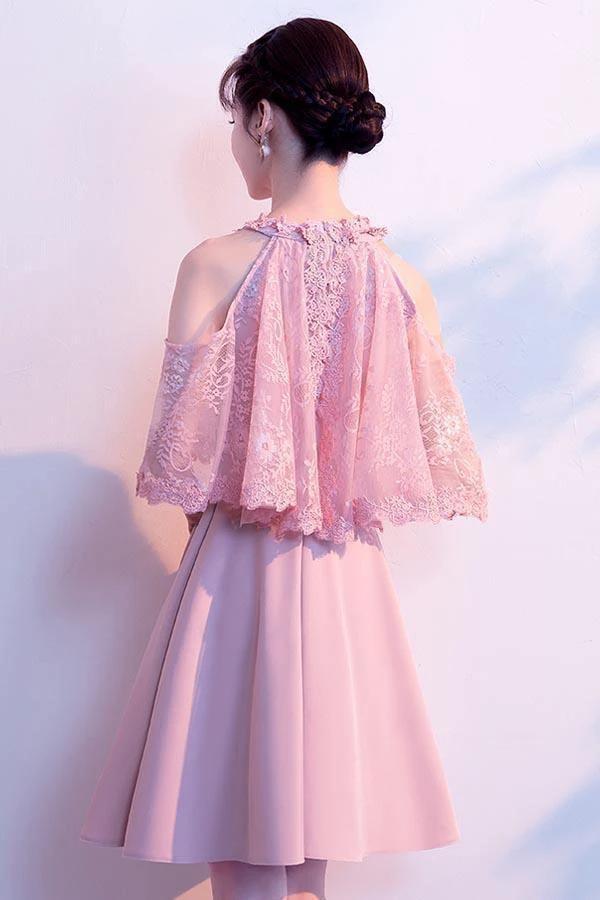 A-line High Neck Satin Pink Homecoming Dresses Party Dresses PD089 by pgmdress