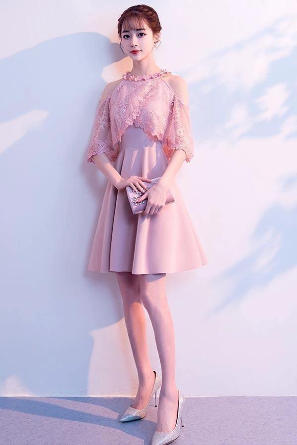 A-line High Neck Satin Pink Homecoming Dresses Party Dresses PD089 by pgmdress