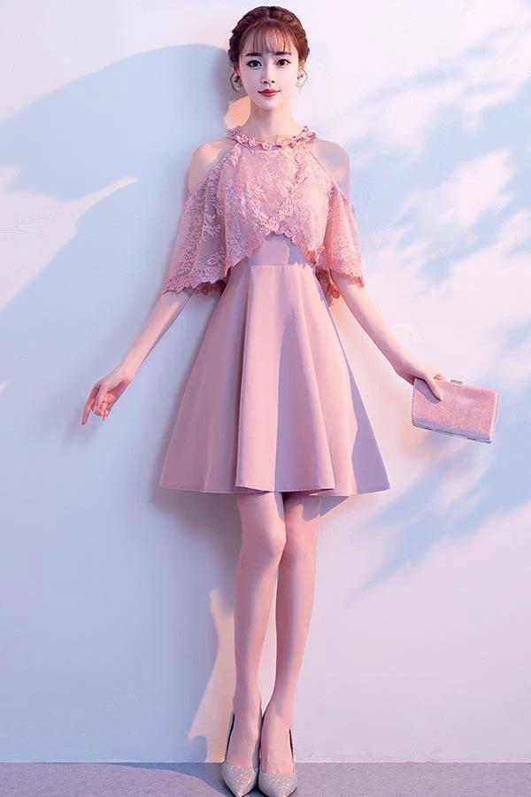 A-line High Neck Satin Pink Homecoming Dresses Party Dresses PD089 by pgmdress