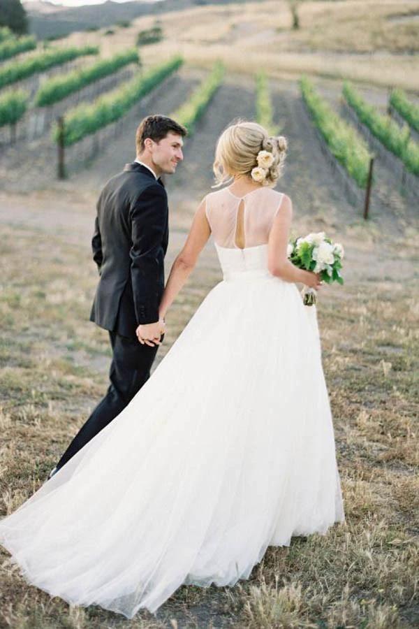 A-line Illusion Tulle Vintage Outdoor Ivory Wedding Dress WD118 by pgmdress