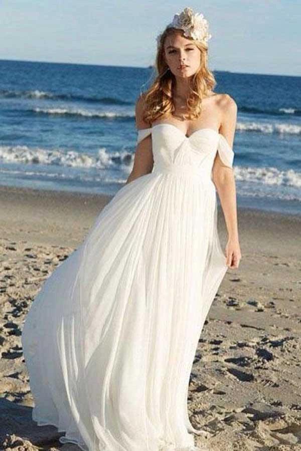 A-line Ivory Chiffon Off the Shoulder Summer Beach Wedding Dresses WD286 by pgmdress