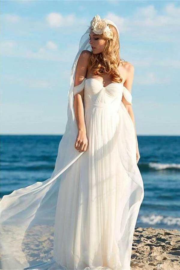 A-line Ivory Chiffon Off the Shoulder Summer Beach Wedding Dresses WD286 by pgmdress