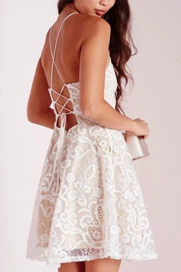 A-line Ivory Criss-Cross Straps Lace Sleeveless Homecoming Dress PD015 by pgmdress