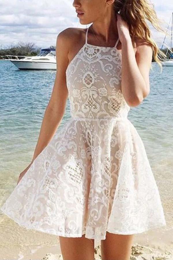 A-line Ivory Criss-Cross Straps Lace Sleeveless Homecoming Dress PD015 by pgmdress