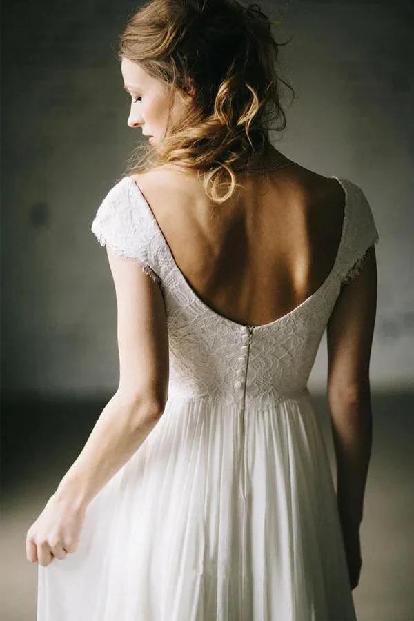 A-Line Ivory Lace Cap Sleeve Vintage Chiffon Wedding Dresses WD069 by pgmdress