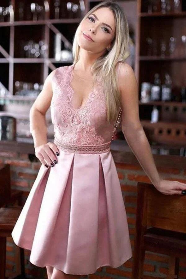 A-Line Jewel Pink Short Satin Homecoming Dress with Beading Appliques PG155 by pgmdress