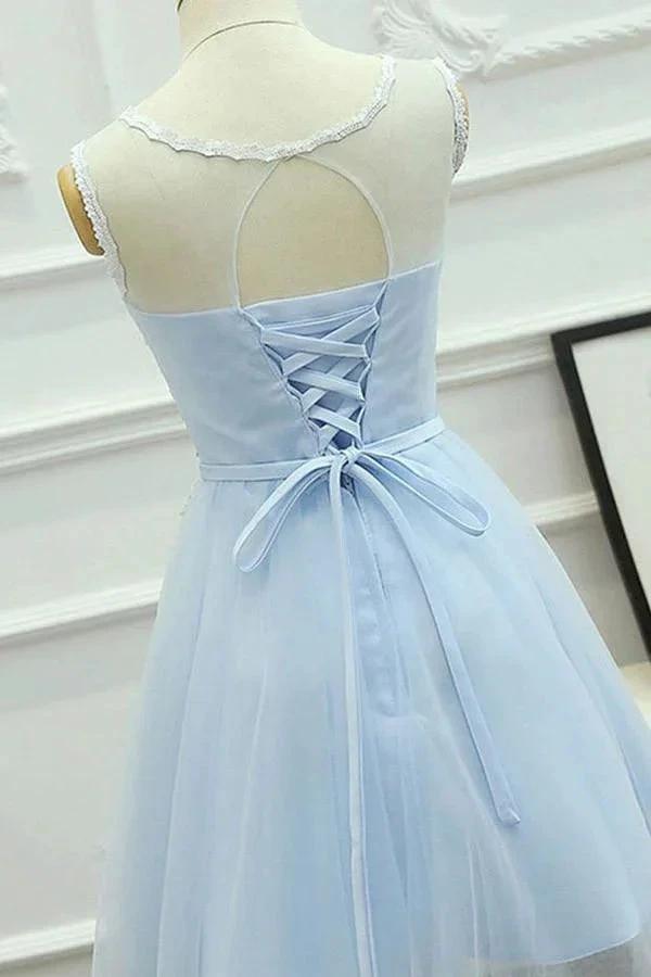 A-Line Jewel Short Blue Tulle Homecoming Dress with Sash Appliques PG121 by pgmdress