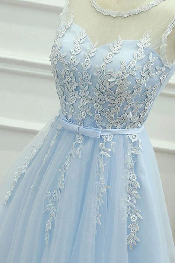 A-Line Jewel Short Blue Tulle Homecoming Dress with Sash Appliques PG121 by pgmdress