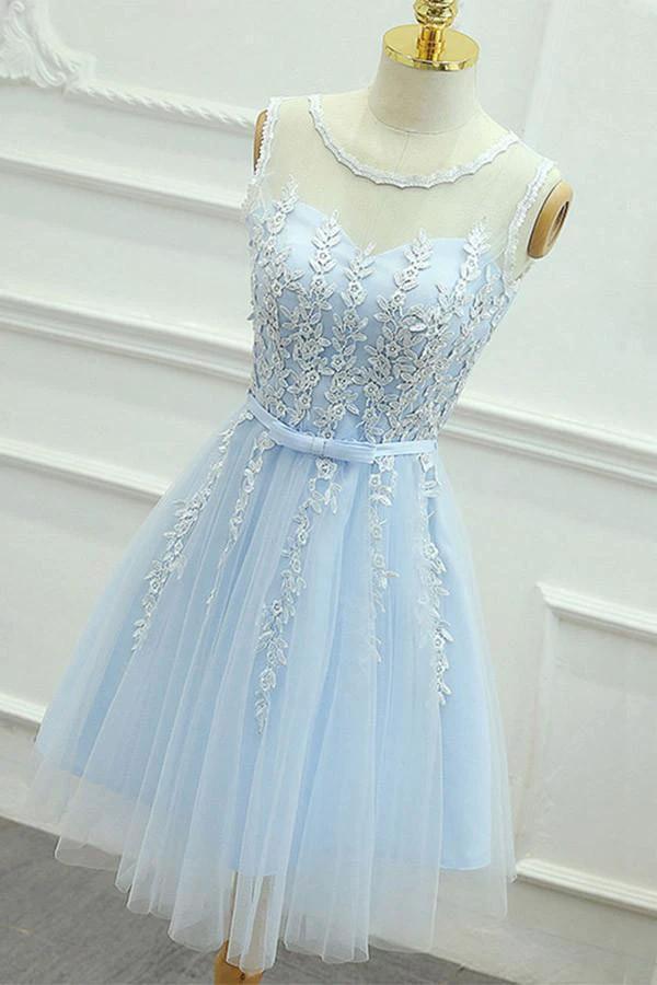 A-Line Jewel Short Blue Tulle Homecoming Dress with Sash Appliques PG121 by pgmdress