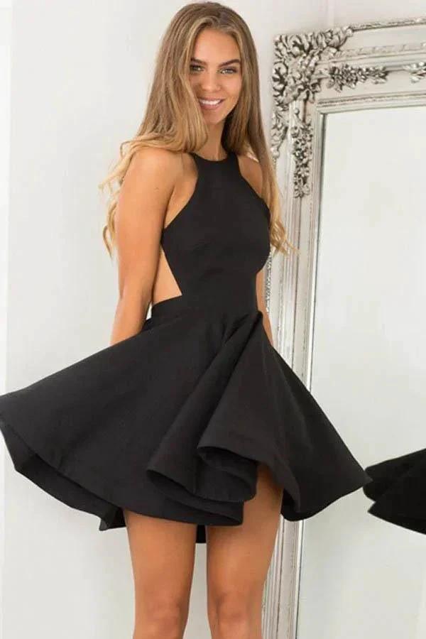 A-Line Jewel Sleeveless Backless Short Black Satin Homecoming Dress PD012 by pgmdress
