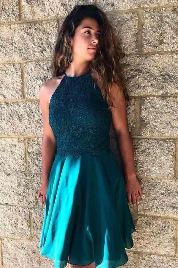 A-Line Jewel Turquoise Chiffon Homecoming Dress with Lace Beading PD226 by pgmdress