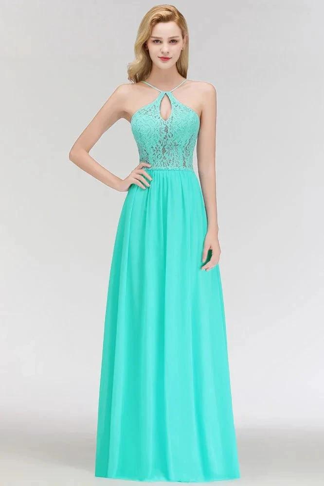 A-line Keyhole Neckline Lace Top Long Spaghetti Bridesmaid Dress by misshow.com
